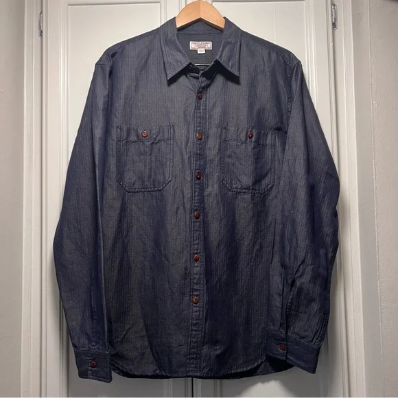Wallin & Bros Linen Cotton Shirt Dark Blue Chambray Button Workwear Casual Large - Picture 1 of 4